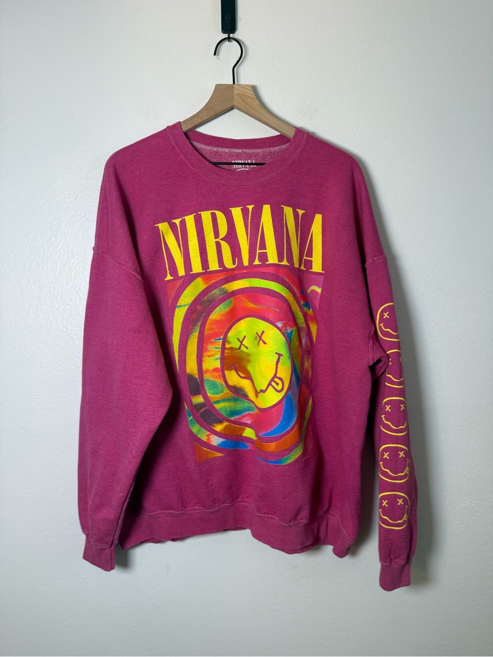 Urban Outfitters X Nirvana Pink Spiral Smiley Face Overdyed Crewneck
Sweatshirt - Picture 2 of 7